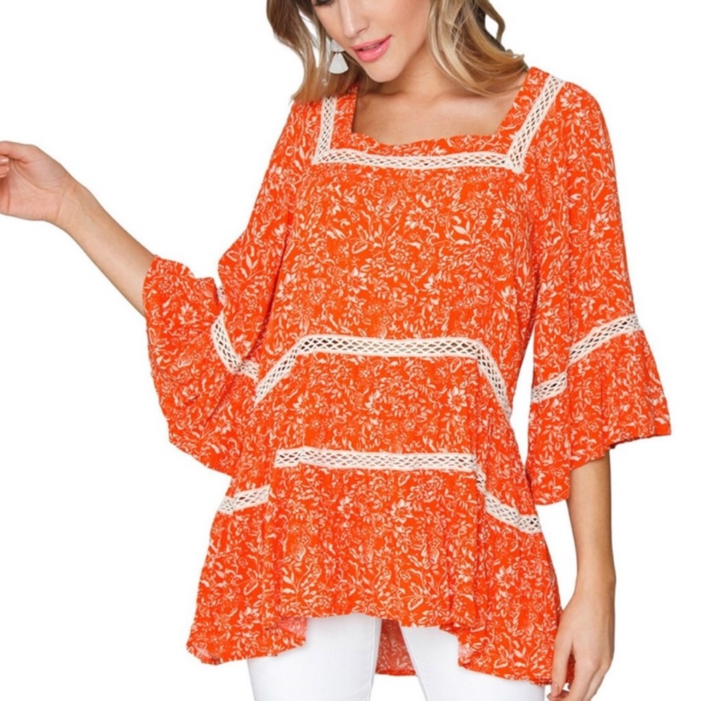 Free People orange flowy top with lace